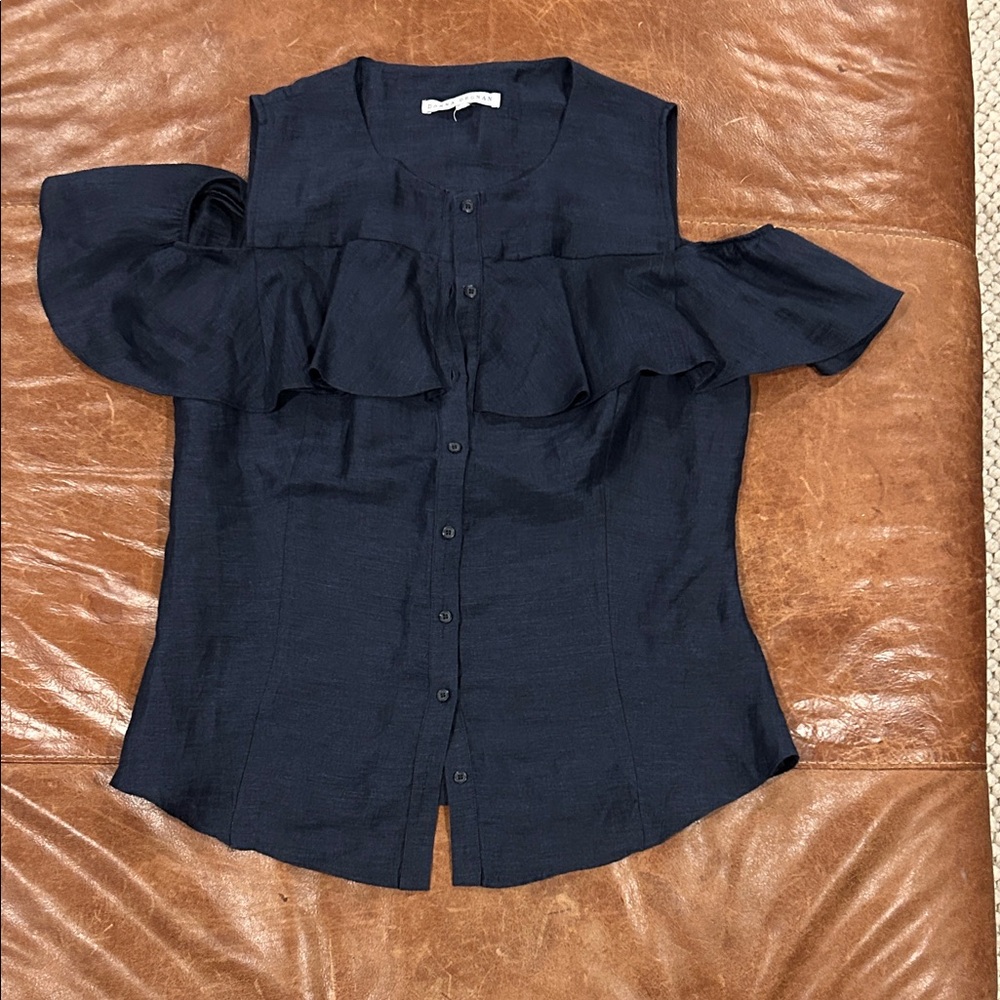 Sleeveless Ruffle-Trim Button Front Top - Navy